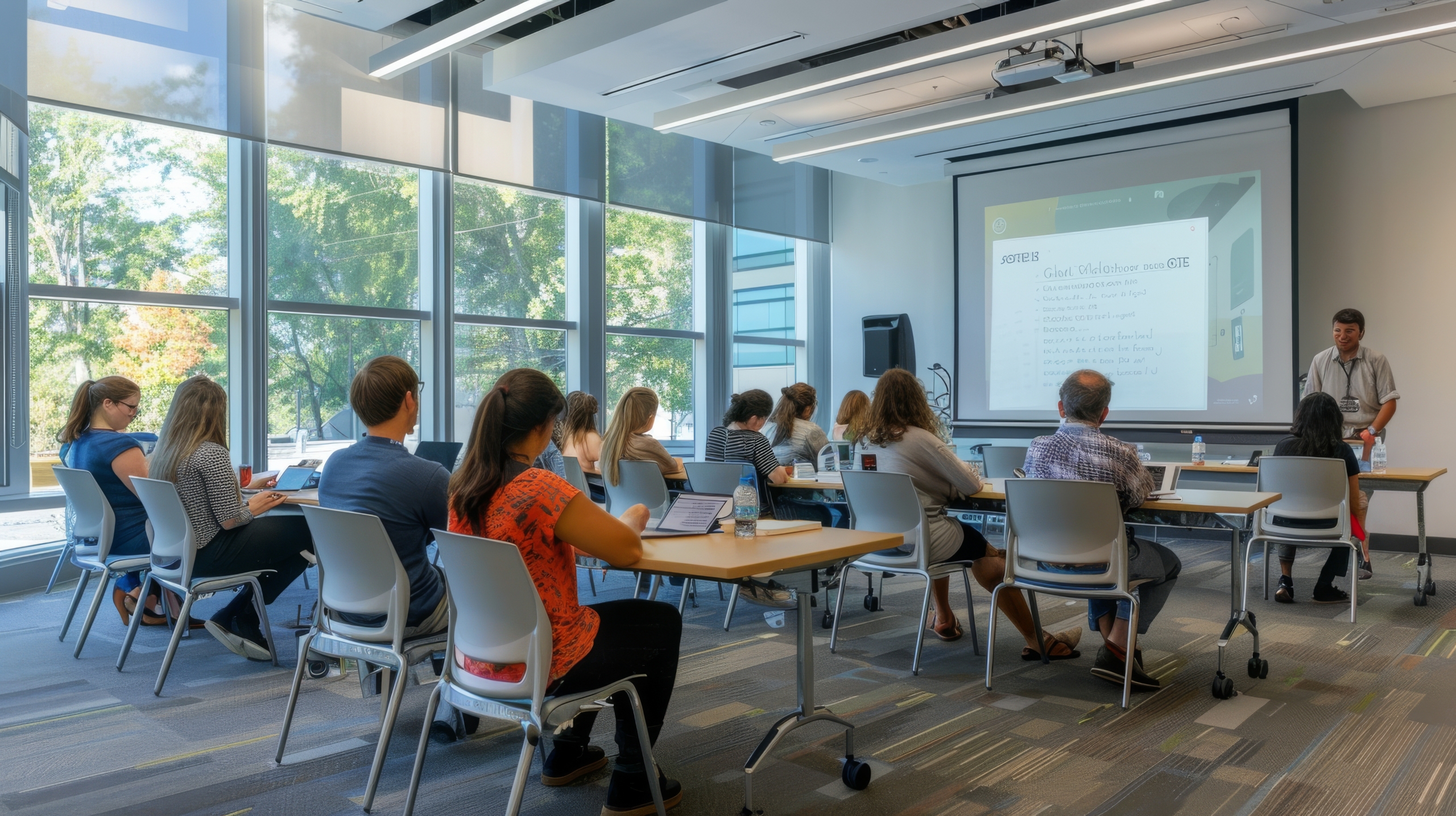 Adults attentively listening to a presentation in a bright, modern classroom with expansive windows letting in natural light.